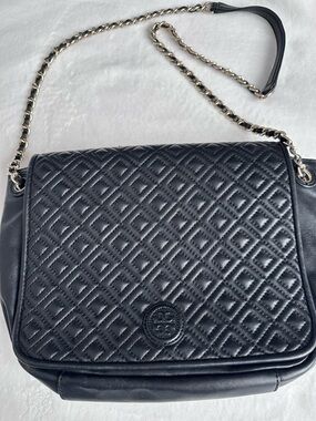 Tory Burch Black Marion Quilted Leather Convertible Shoulder Bag with Gold Chain
